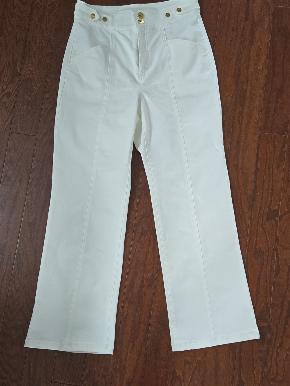 INC High-Rise Chopped White Wide-Leg Jeans with Gold Button Detail